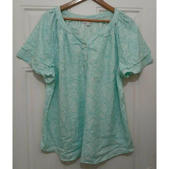 Coral Bay Tops - Coral bay womens size 1xl aqua blue green linen cotton shirt top flutter sleeve
